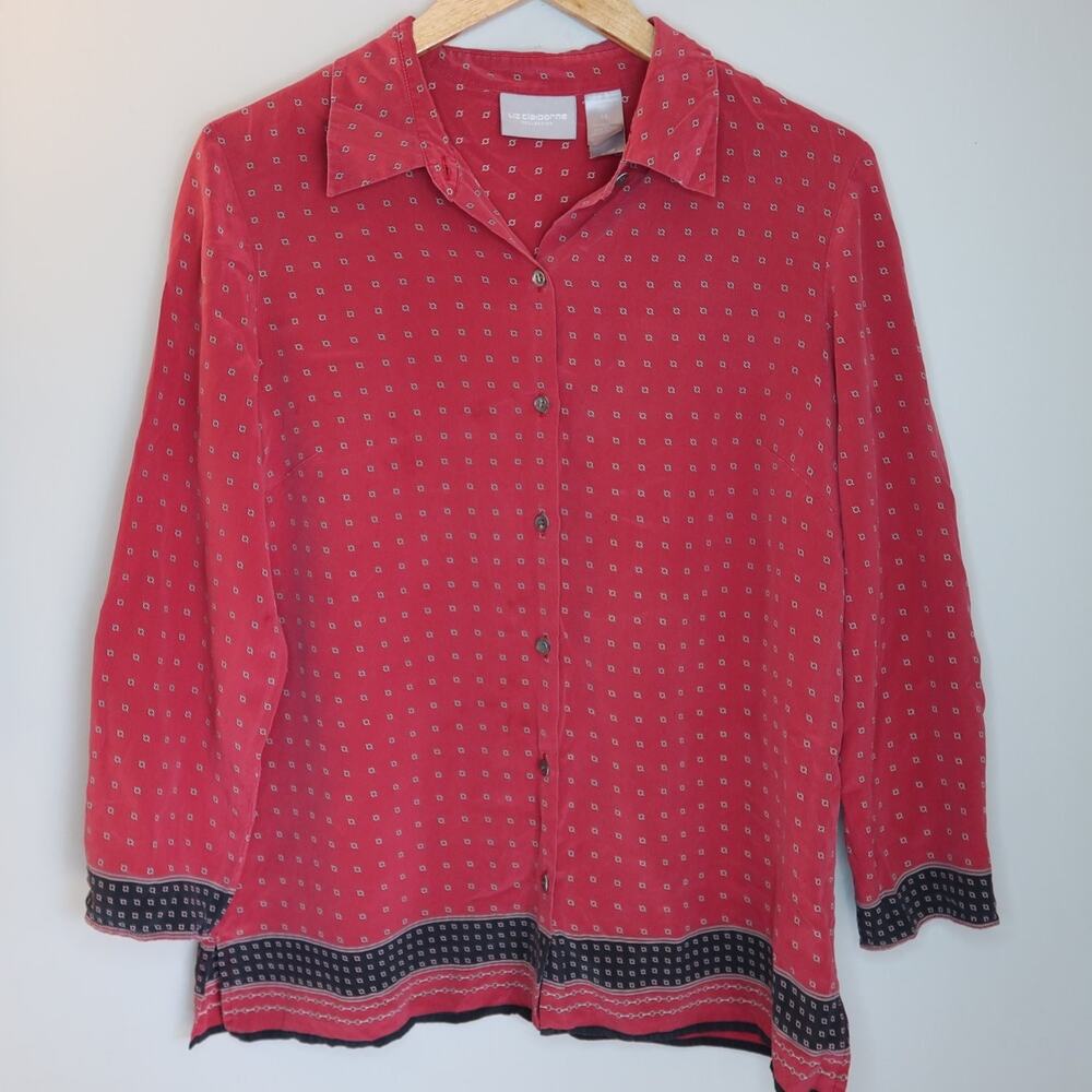 Liz Claiborne Collection Blouse 14 Red Geometric Button Front Long Sleeve